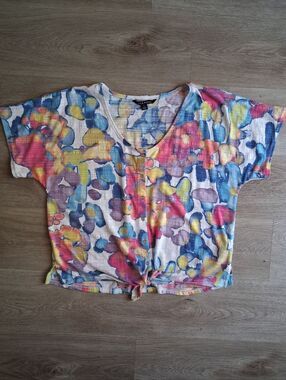 Zac & Rachel Womens V-Neck Top Multicolor Floral Print Large